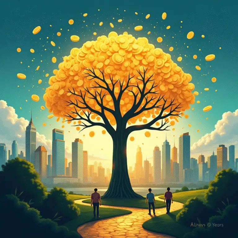 Three men walk toward a money tree in a city park. Golden coins fall from the tree's branches. | Cpflah.sg