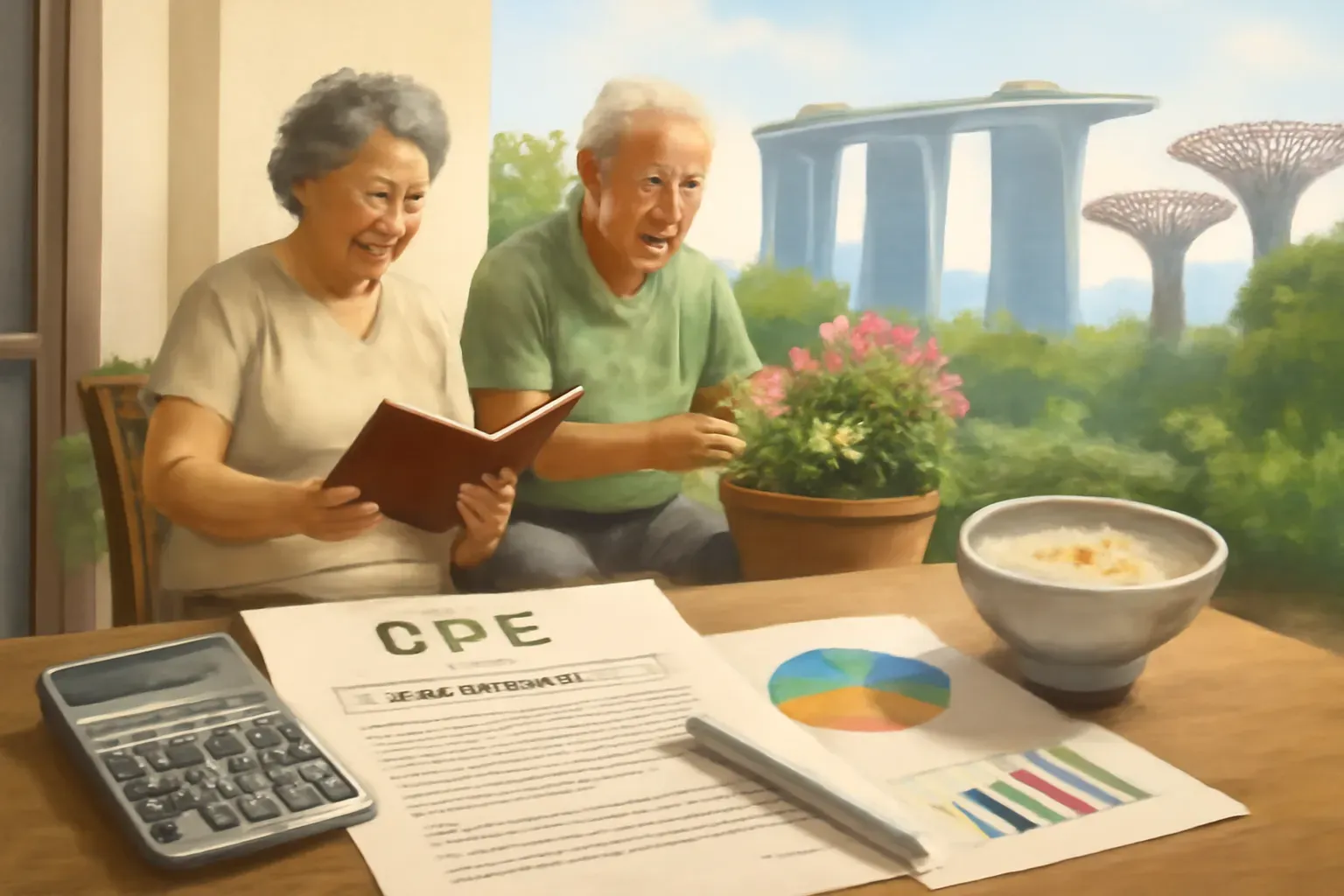 Elderly couple reviewing CPF document near bowl of porridge in Singapore scenic backdrop | Cpflah.sg