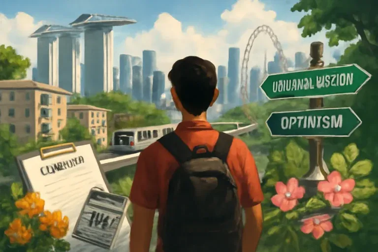 Person with backpack facing Singapore skyline, choosing between 