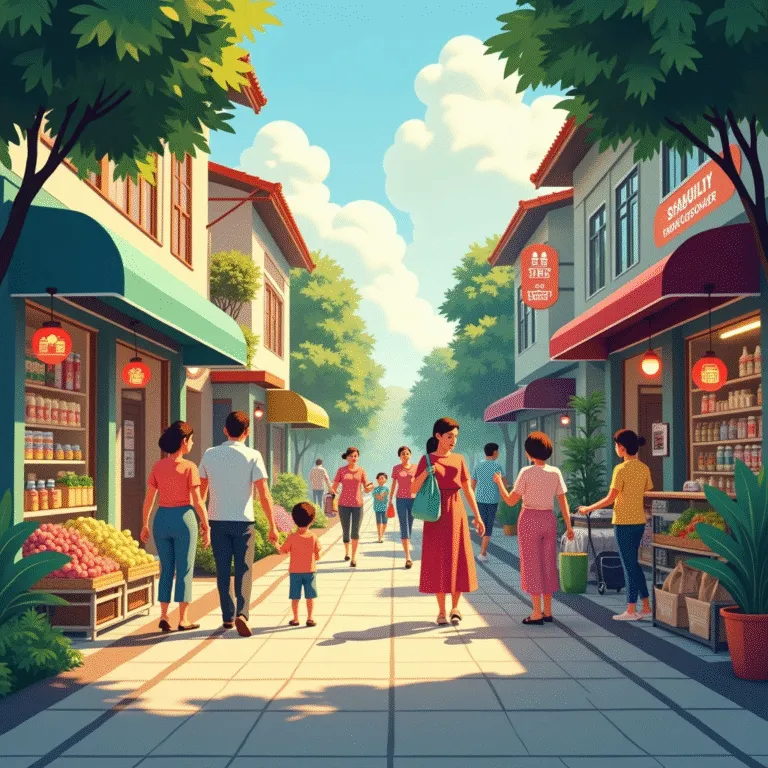 People stroll a sunny Asian street lined with shops and lush greenery. | Cpflah.sg