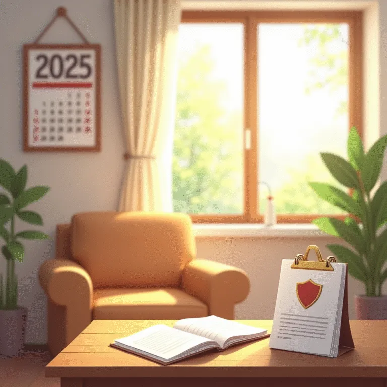 Open notebook and 2025 calendar on desk near armchair, showing insurance policy document with shield icon. | Cpflah.sg