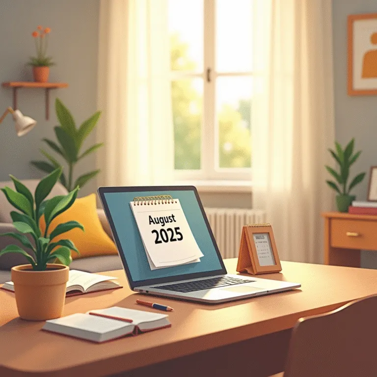 Laptop showing August 2025 calendar, books, and plants on a desk. | Cpflah.sg