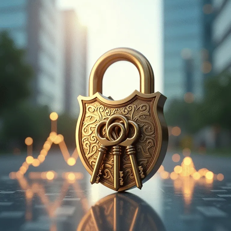Ornate golden padlock with three keys, reflecting on a dark surface. | Cpflah.sg