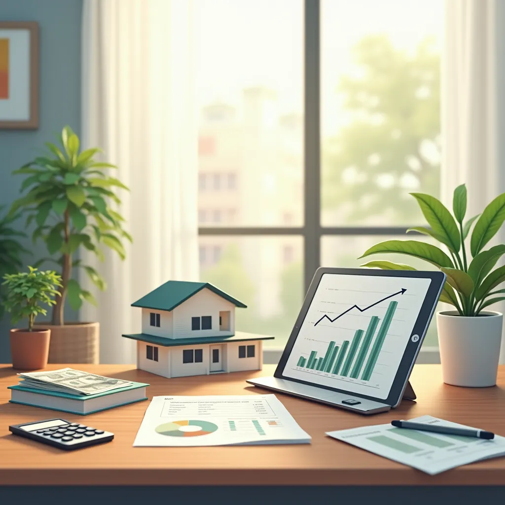 Tablet with growth chart on desk, model house, and plants by window | Cpflah.sg