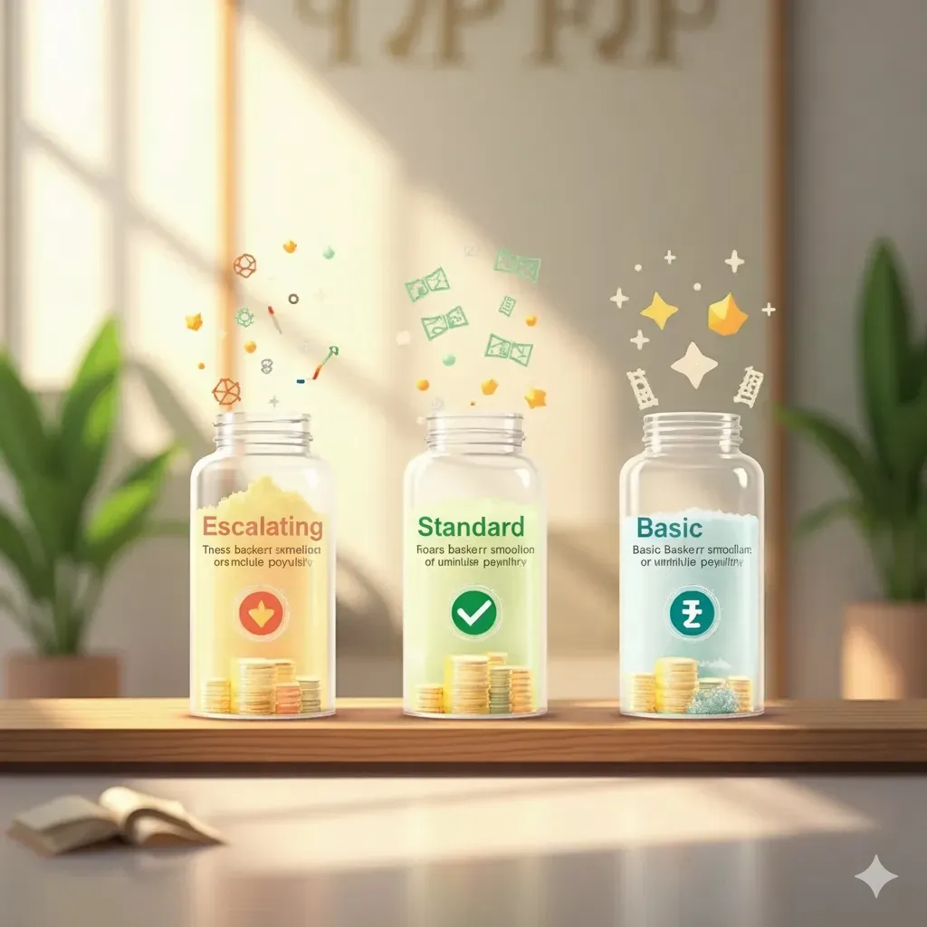 Three jars illustrating escalating, standard, and basic savings plans. Each jar shows increasing amounts of coins. | Cpflah.sg