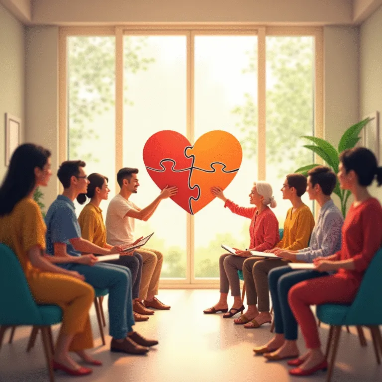 Group therapy session: People connect puzzle heart pieces, symbolizing emotional healing and support. | Cpflah.sg