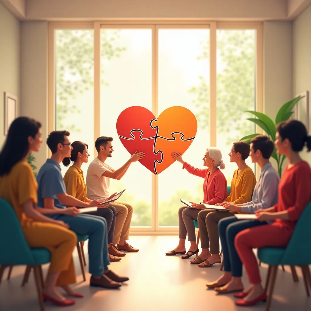 Group therapy session: People connect puzzle heart pieces, symbolizing emotional healing and support. | Cpflah.sg