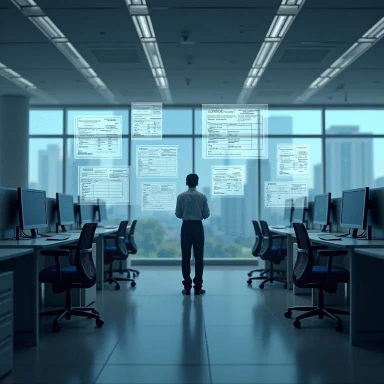 Businessman in empty office, reviewing digital documents. Data analysis, financial reports. | Cpflah.sg