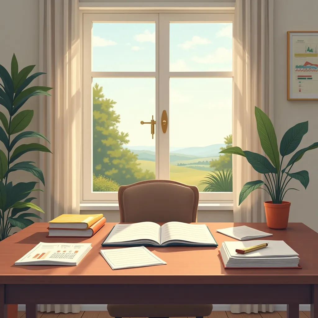 Home office desk with open notebook, books, and plants near a window with a scenic view. | Cpflah.sg
