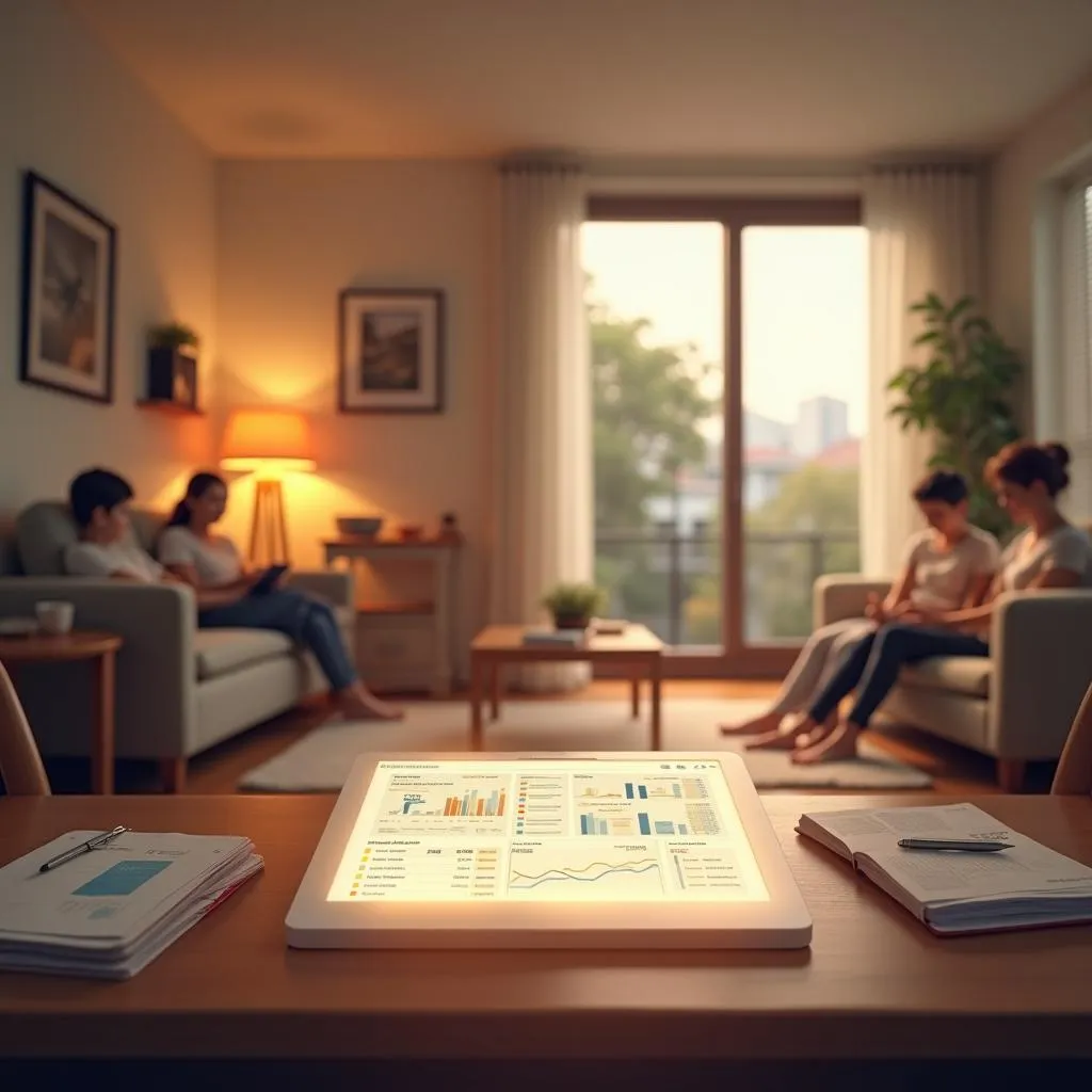 Tablet displaying data charts in a home office setting, people relaxing in the background. Remote work productivity. | Cpflah.sg
