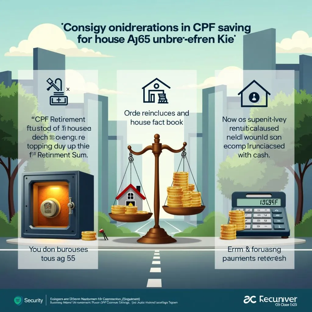 CPF savings for housing: Balance scale with house and coins, calculator, safe, and text about retirement funds. | Cpflah.sg