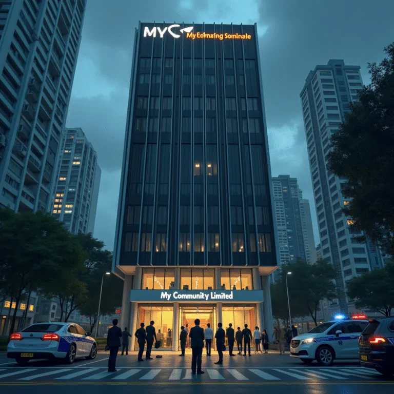 My Community Limited headquarters building at night, with people gathered outside. Police cars visible. | Cpflah.sg