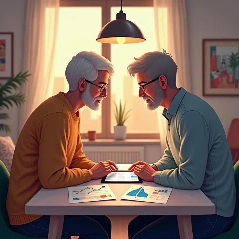 Two senior men analyzing financial charts on a tablet at a table. | Cpflah.sg