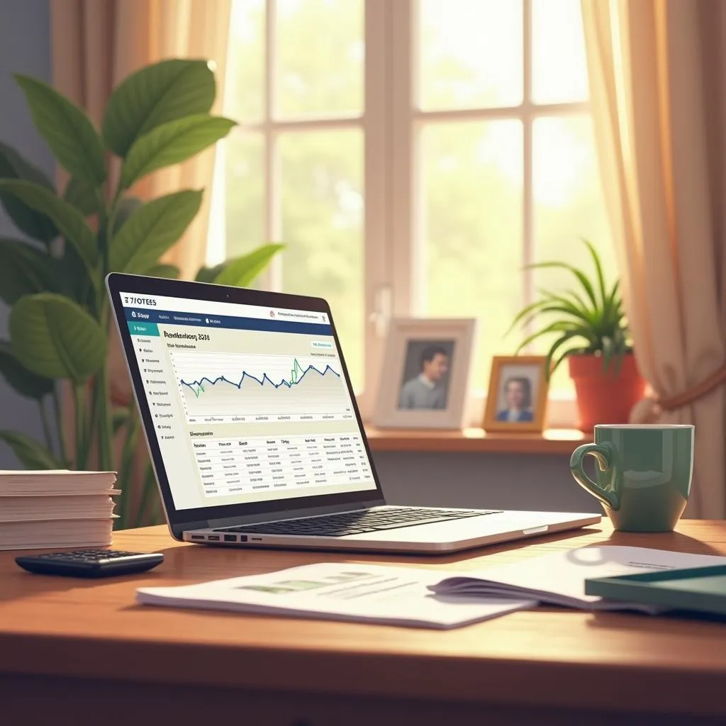 Laptop showing stock market analysis with charts, next to coffee and documents. | Cpflah.sg