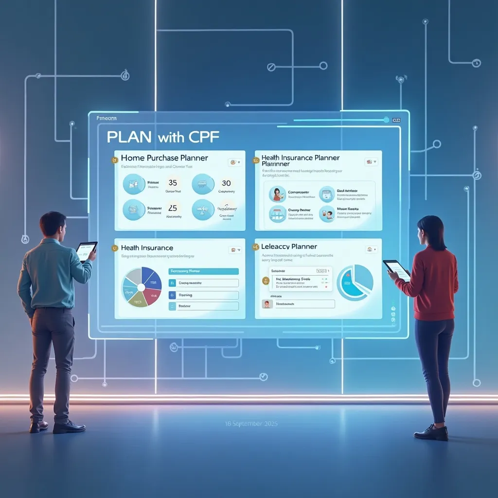 Two people planning with CPF using a digital interface for home purchase, health insurance, and legacy planning. | Cpflah.sg