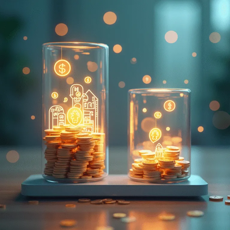 Two glass jars filled with gold coins representing savings, with glowing icons for investments and financial planning | Cpflah.sg
