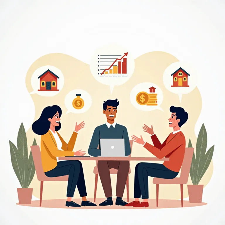 Three people discussing real estate investment strategies, with houses, money, and a graph in thought bubbles. | Cpflah.sg