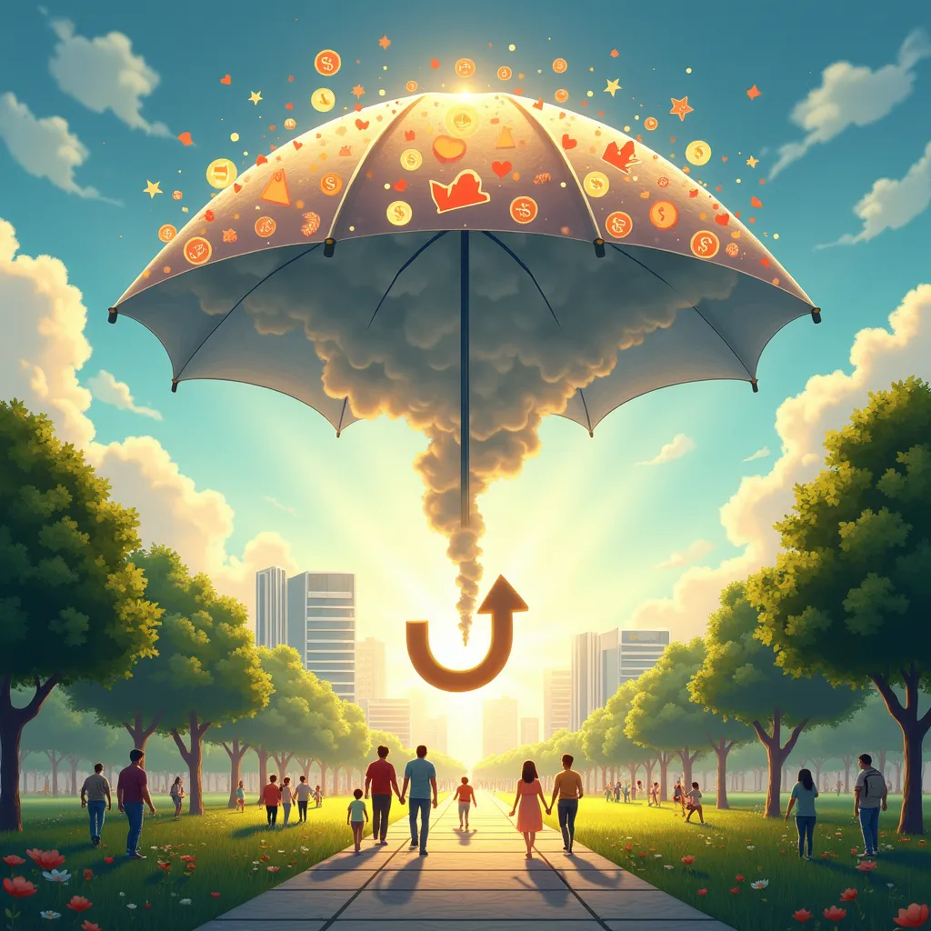 Upturn arrow under umbrella with hearts, coins, and stars, symbolizing financial protection and growth in a bright, sunny park. | Cpflah.sg