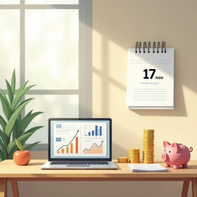Desk with laptop showing financial charts, coins, piggy bank, and calendar marked Nov 17. | Cpflah.sg