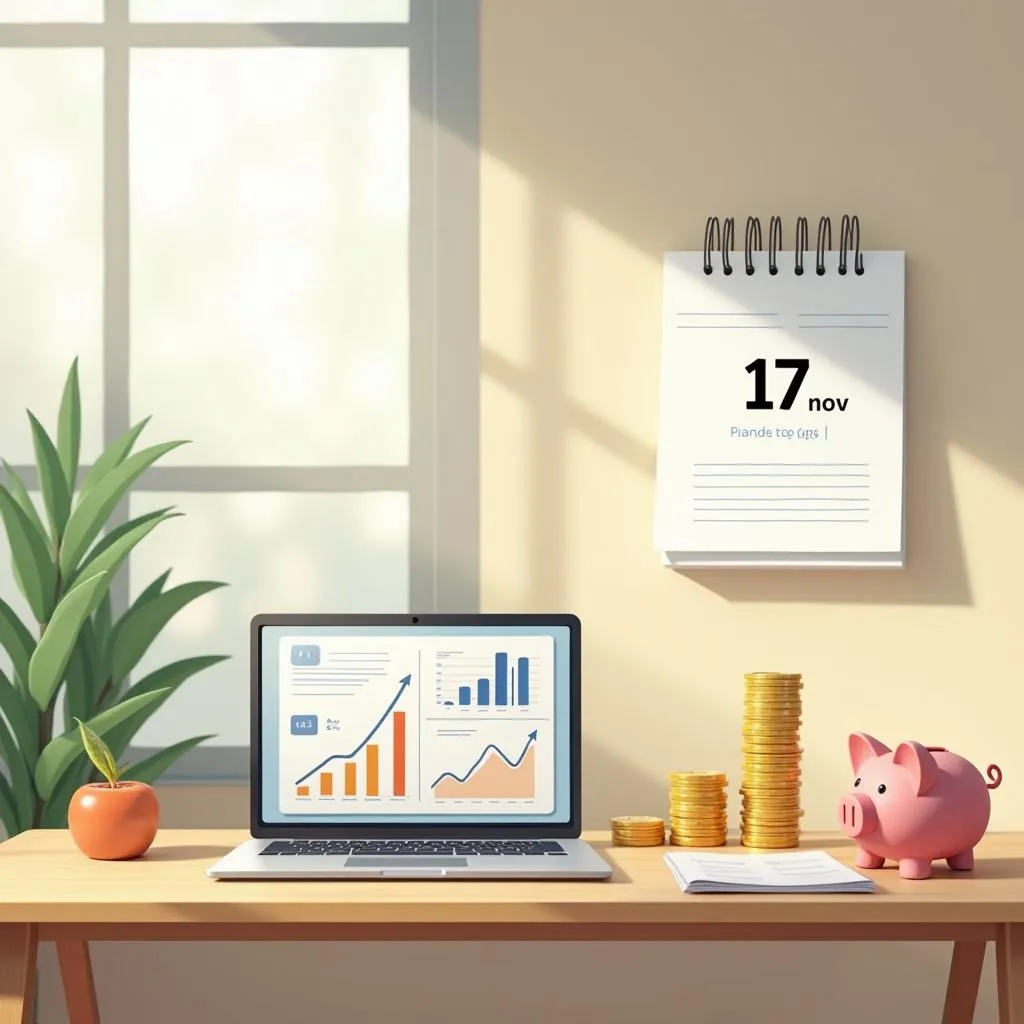 Desk with laptop showing financial charts, coins, piggy bank, and calendar marked Nov 17. | Cpflah.sg