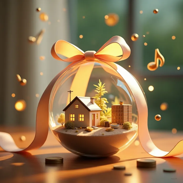 House inside a glass ornament with a ribbon, coins, and musical notes. Home investment concept. | Cpflah.sg