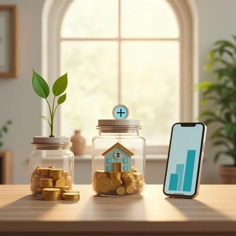 Savings jars with coins, a house, plant, and investment growth chart on phone. | Cpflah.sg