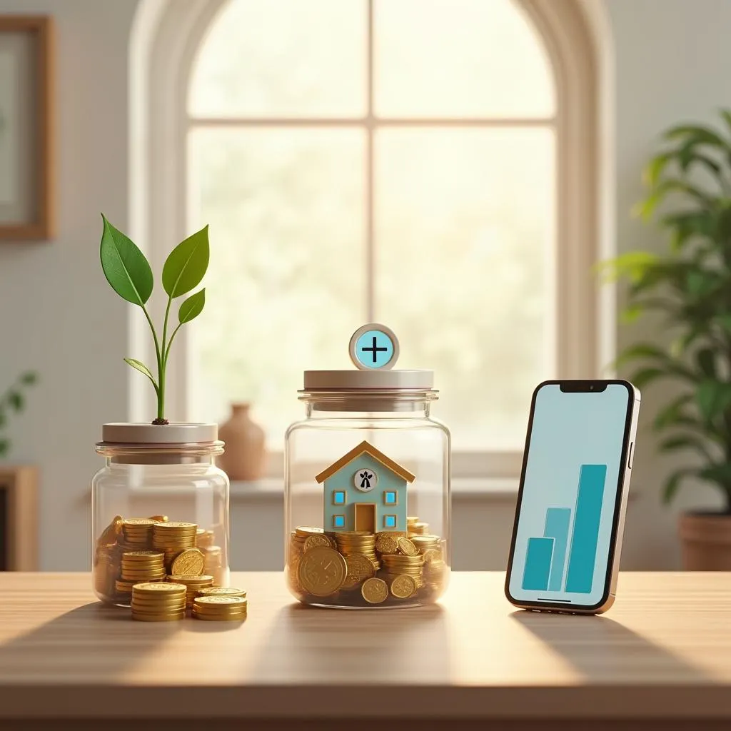 Savings jars with coins, a house, plant, and investment growth chart on phone. | Cpflah.sg