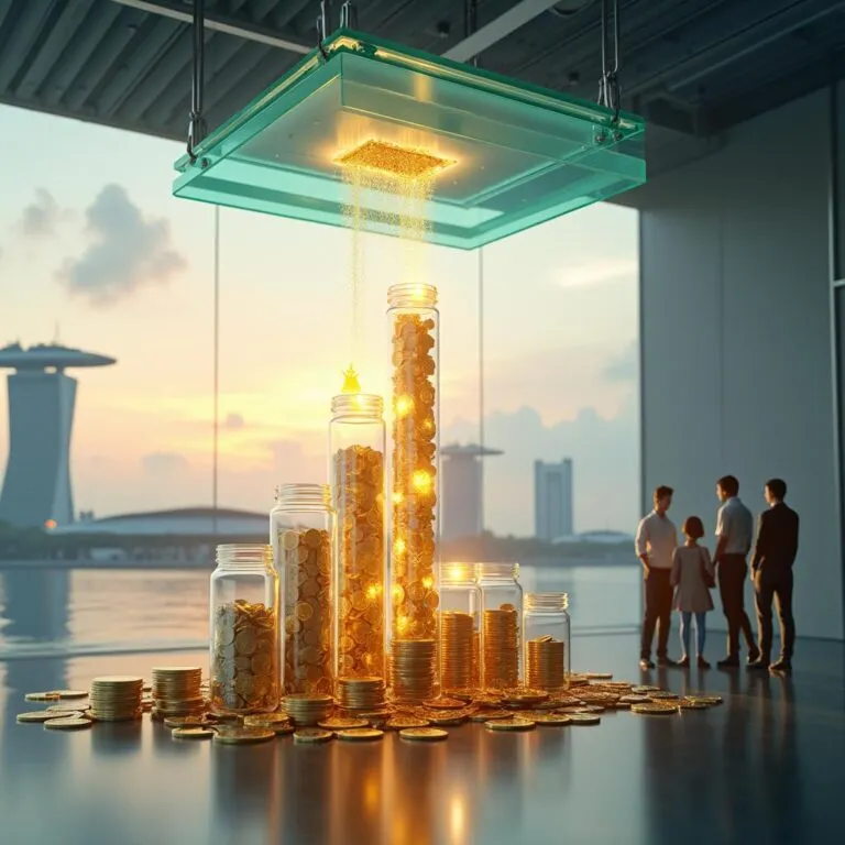 Gold coins filling jars under a glowing source, representing financial growth against a Singapore skyline. | Cpflah.sg