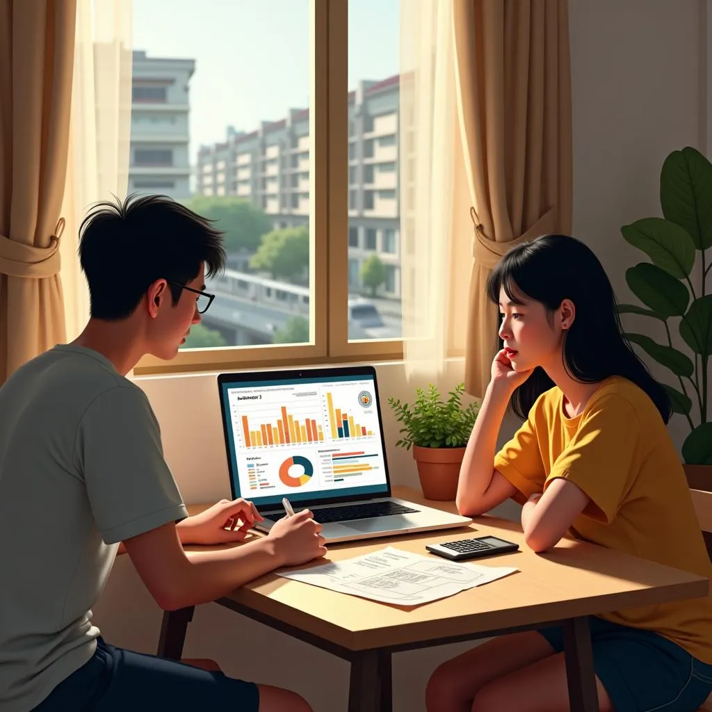 Two people analyzing financial charts on a laptop in a bright room | Cpflah.sg