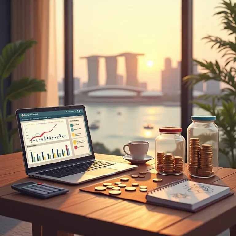 Laptop showing financial charts, coins, and jars on a desk with a Singapore skyline view. | Cpflah.sg