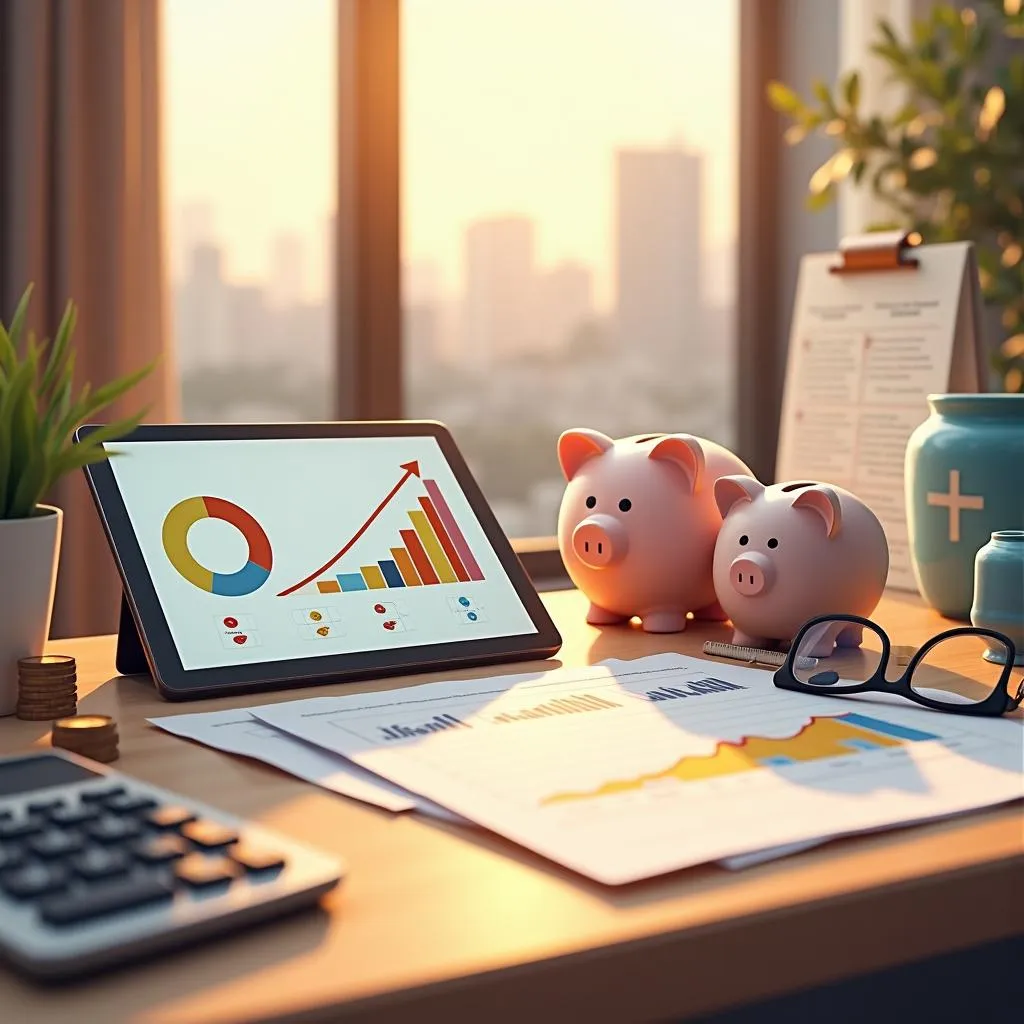 Financial planning: Piggy banks, tablet with charts, graphs, calculator, and glasses on a desk. | Cpflah.sg
