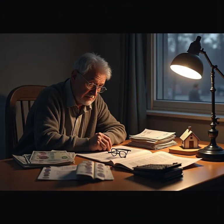 Senior man reviewing financial documents under lamp light, with a small house model on the desk. | Cpflah.sg
