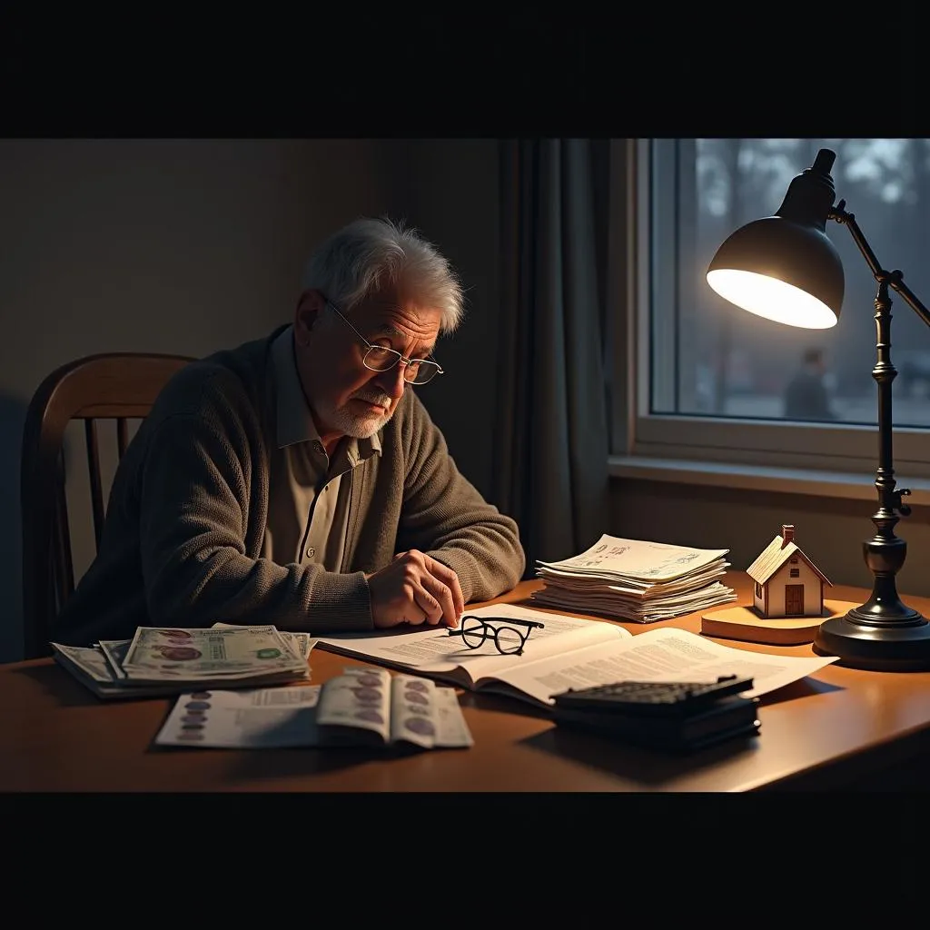 Senior man reviewing financial documents under lamp light, with a small house model on the desk. | Cpflah.sg