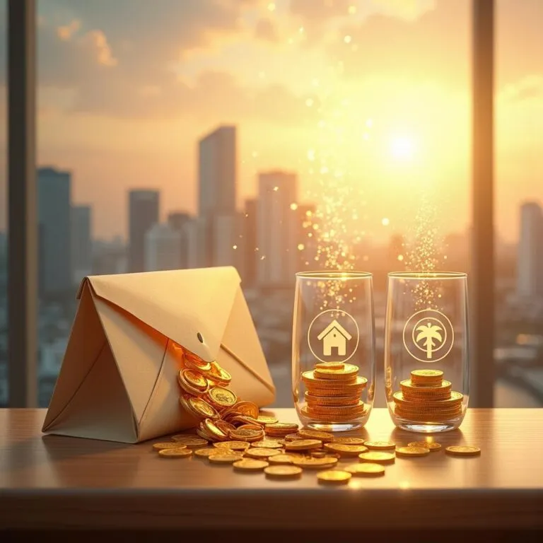 Gold coins spilling from envelope into glasses with house and vacation icons. Financial planning, investments. | Cpflah.sg