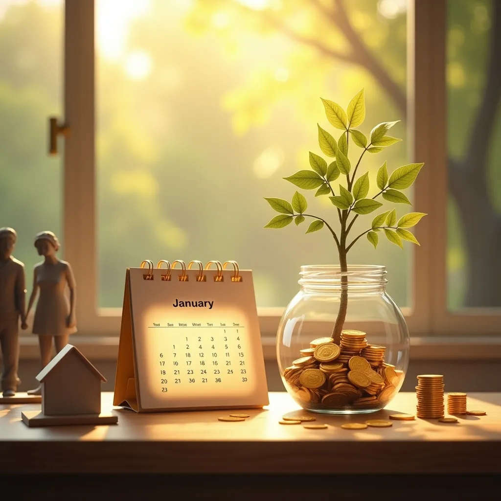 Plant growing from coins in a jar, calendar on January, representing financial growth and new year savings goals. | Cpflah.sg