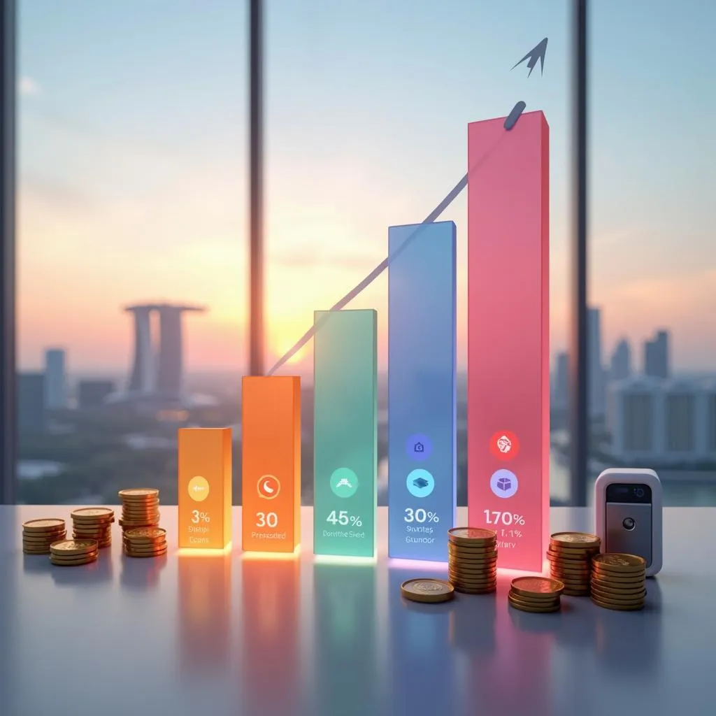 Colorful bar graph showing growth, with coins and a modern device. Text: 3%, 30, 45%, 30%, 170%. | Cpflah.sg