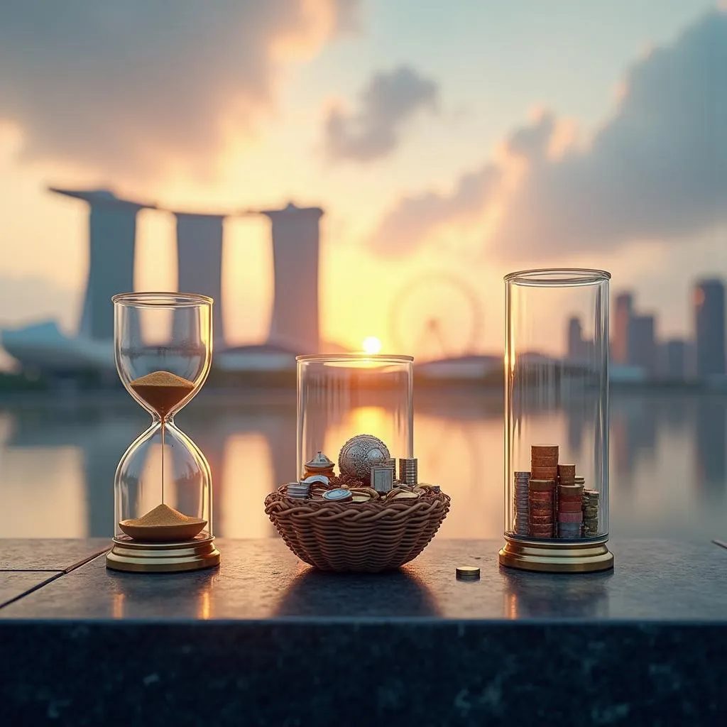 Hourglass, coins in a basket, and stacked coins against the Singapore skyline at sunset. Time is money. | Cpflah.sg