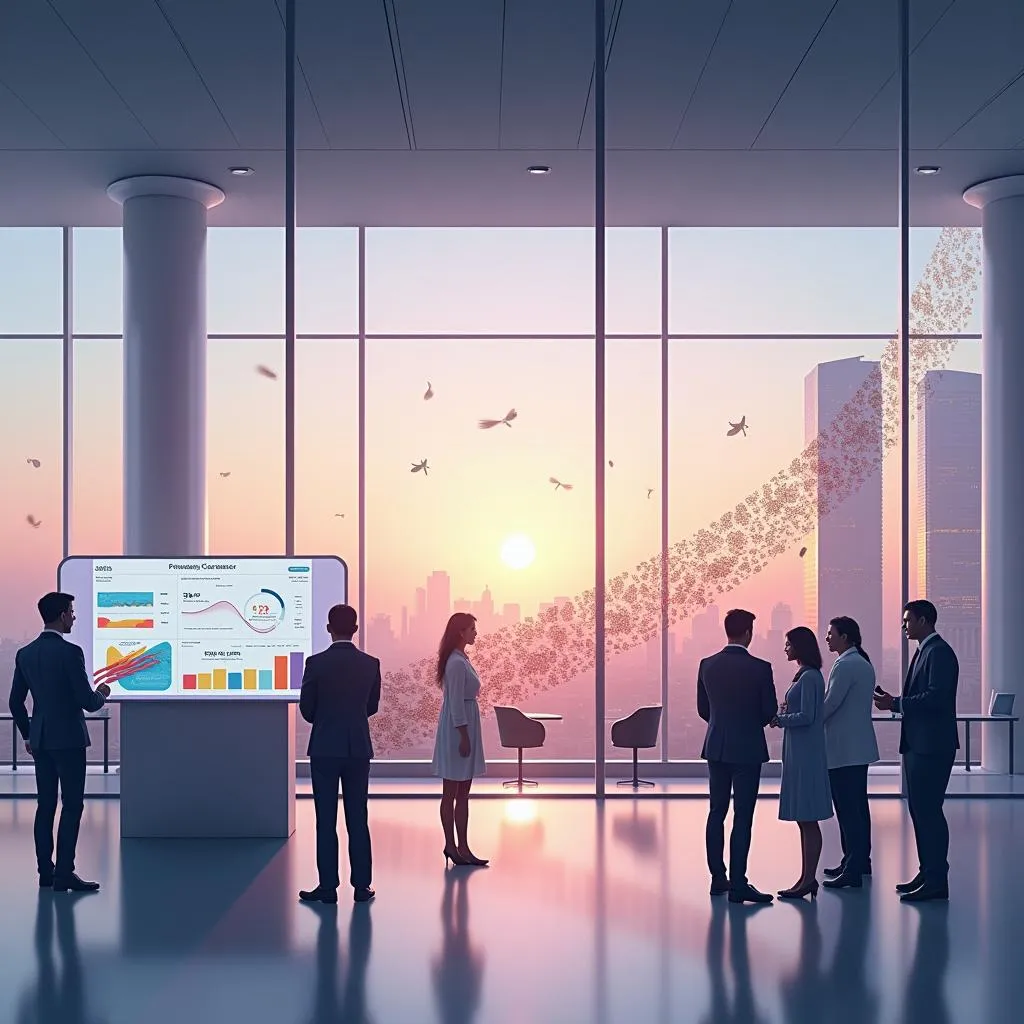 Business team reviews data on a screen with a city skyline and abstract data visualization in the background. | Cpflah.sg