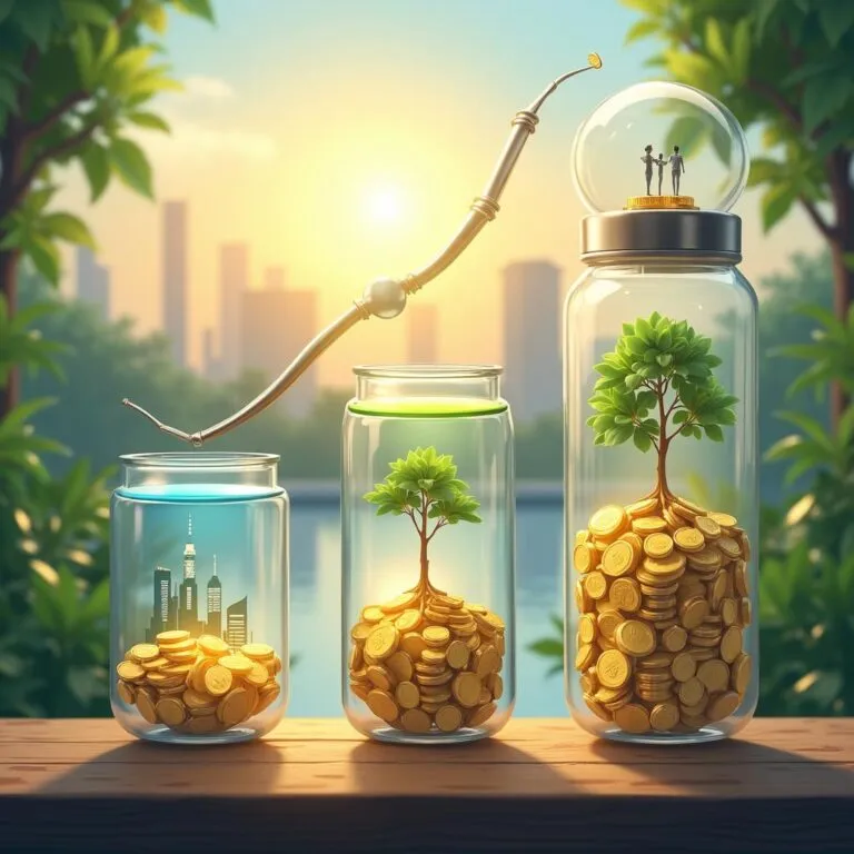 Sustainable investing: coins and trees growing in jars, charting ethical investment growth for a greener future. | Cpflah.sg