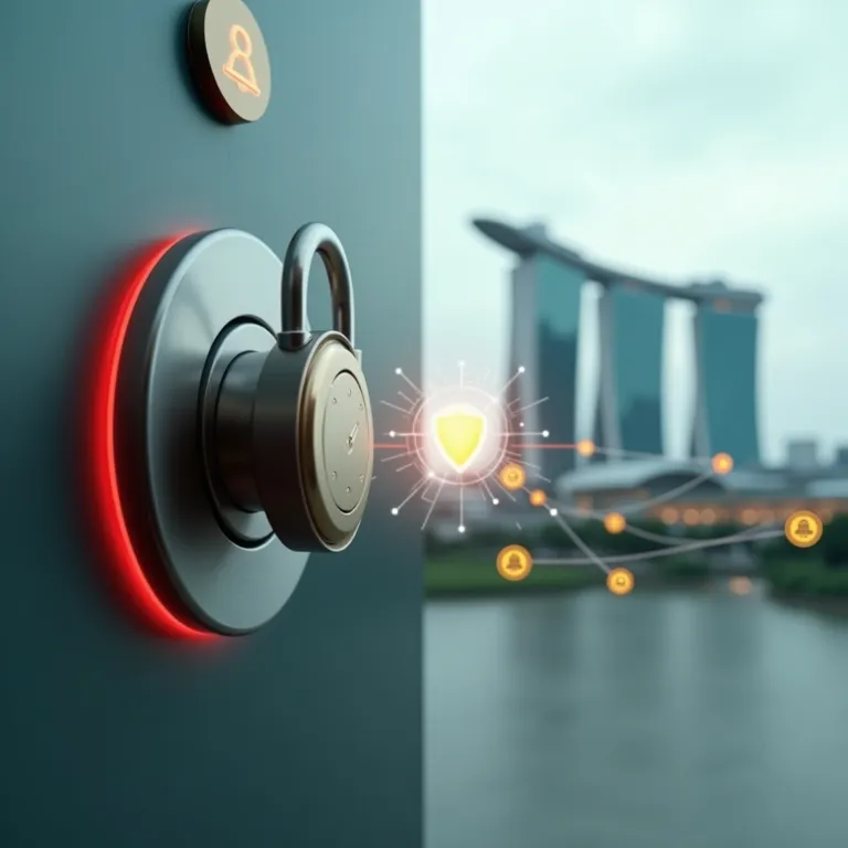 Cybersecurity lock protecting Singapore's digital network. Security shield and user icons connected. | Cpflah.sg