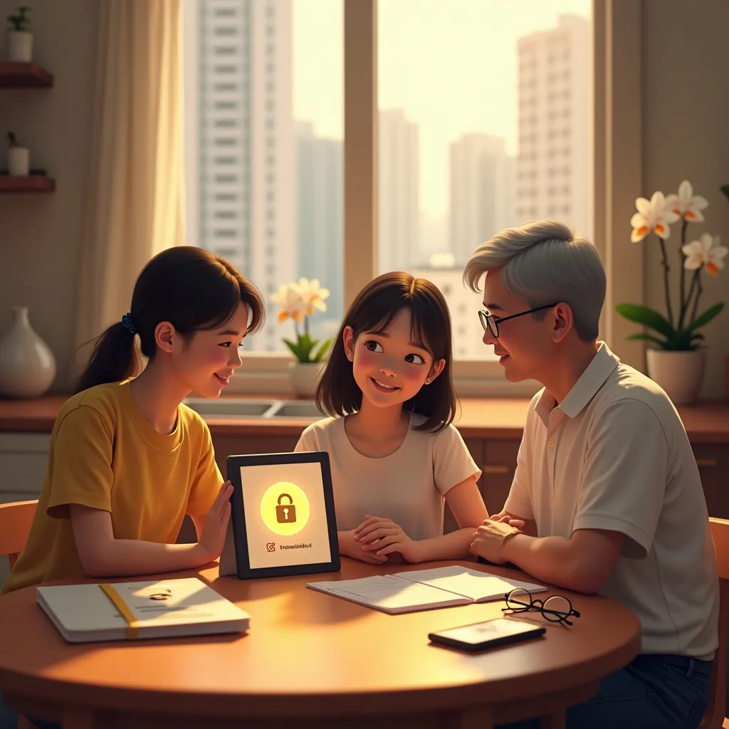 Family discussing online safety on a tablet at the kitchen table. Digital security for kids. | Cpflah.sg