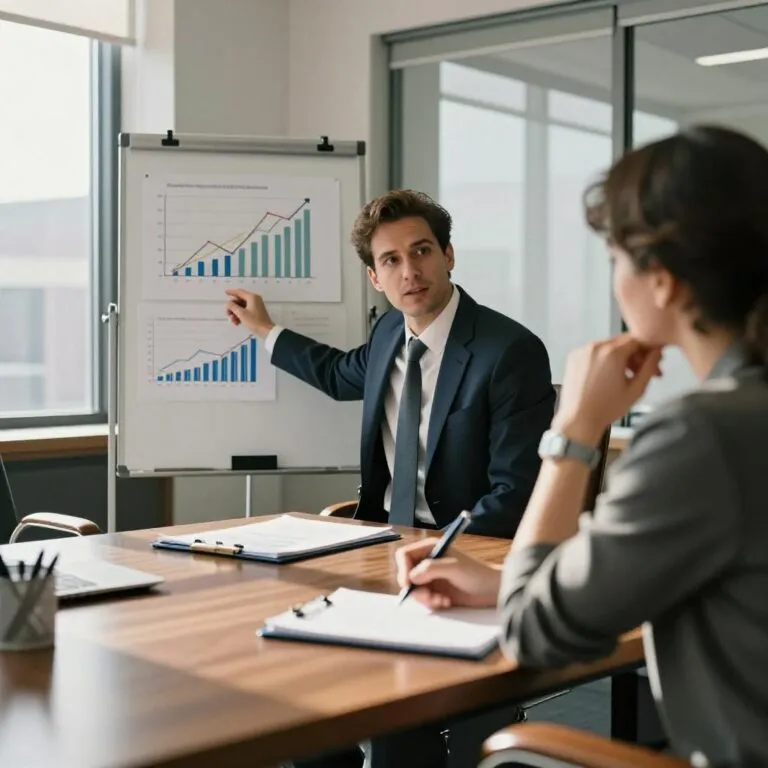Business meeting: Man presenting charts to a colleague at a wooden conference table. | Cpflah.sg