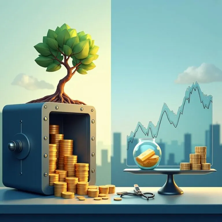 Safe with gold coins and growing tree, balanced against a gold bar jar and stock chart. Investing and financial growth concept. | Cpflah.sg