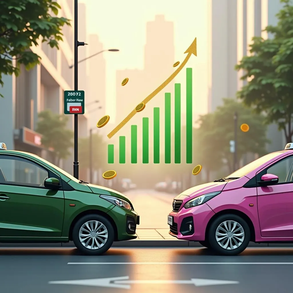 Green and pink taxis face each other with a rising bar graph and coins in the background. | Cpflah.sg